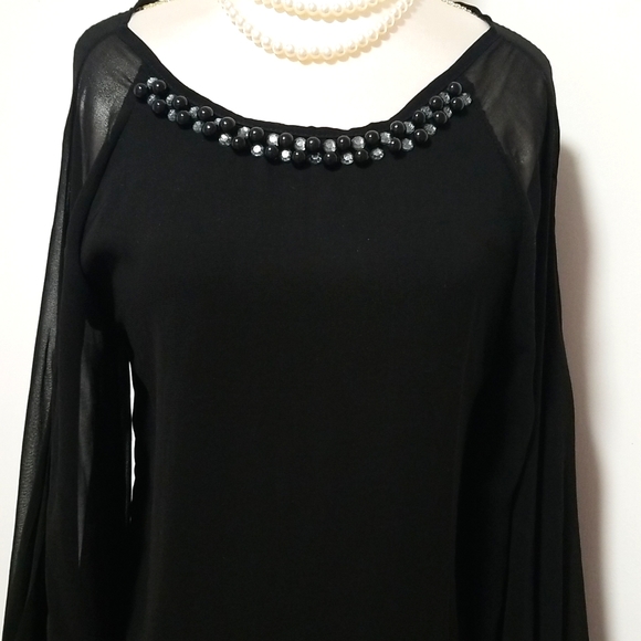 Black Shift Dress with Beads & Embellishments Sheer Long Sleeves - Picture 2 of 16